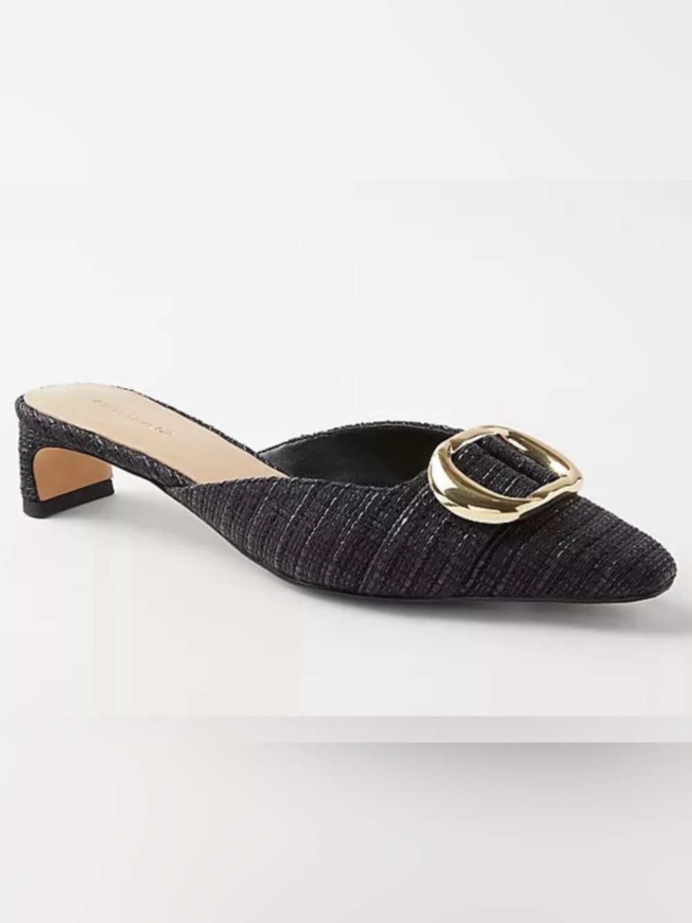 Ann Taylor Straw Gold Buckle Mule Kitten Heel